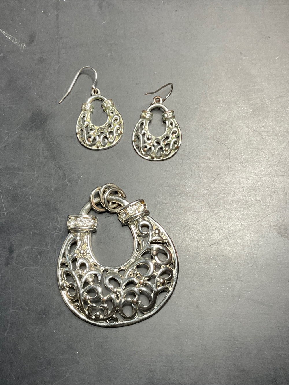 Silver Filigree Hoop Pendant and Earring Set - Silver